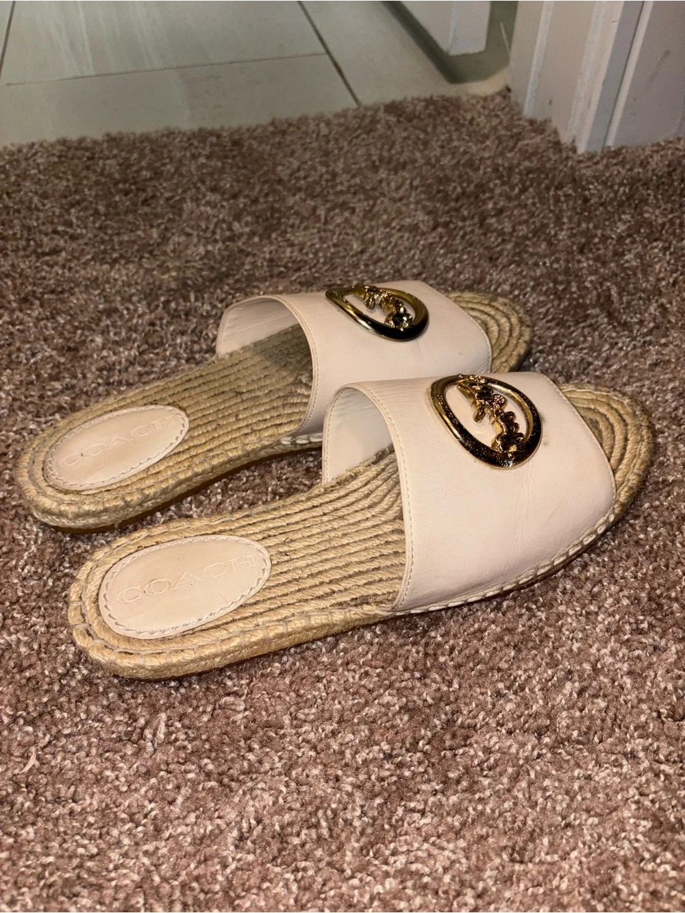 COACH Women's Ivory Leather Slide Sandals with Gold Logo